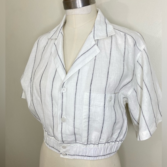VINTAGE DAVID MICHAELS 100%LINEN WHITE/ BLACK PINSTRIPE BUTTON DOWN CROP BLOUSE - Picture 5 of 13